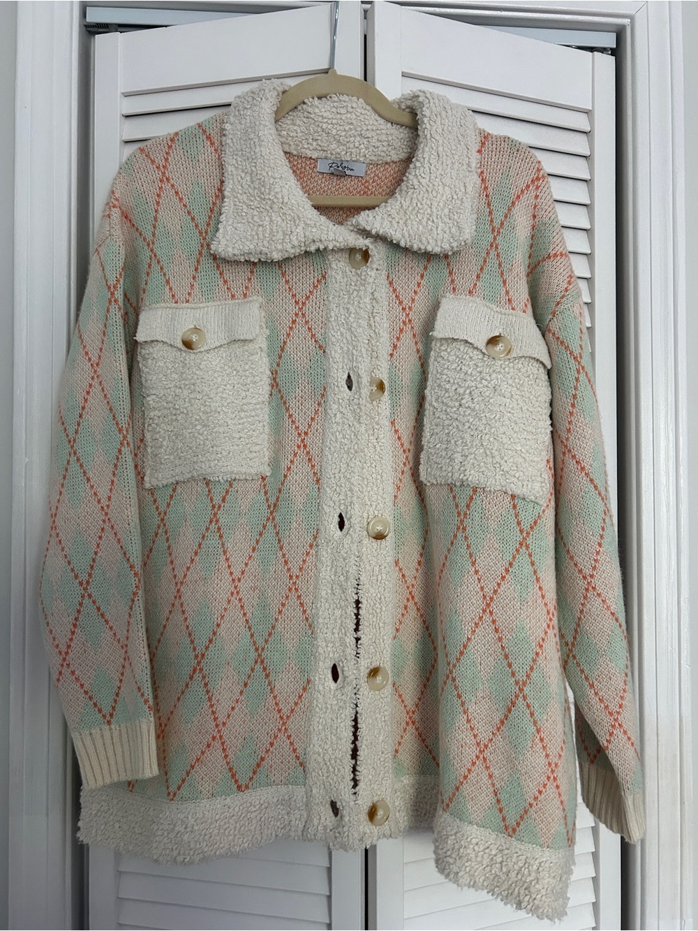 NWOT Polagram Cream, Mint & Peach Argyle Oversized Teddy Shacket